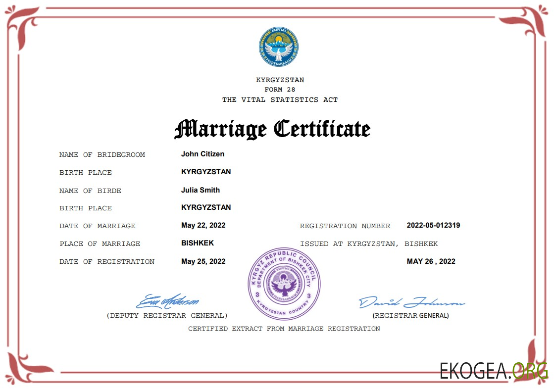 Modèle Word et PDF de certificat de mariage au Kirghizistan